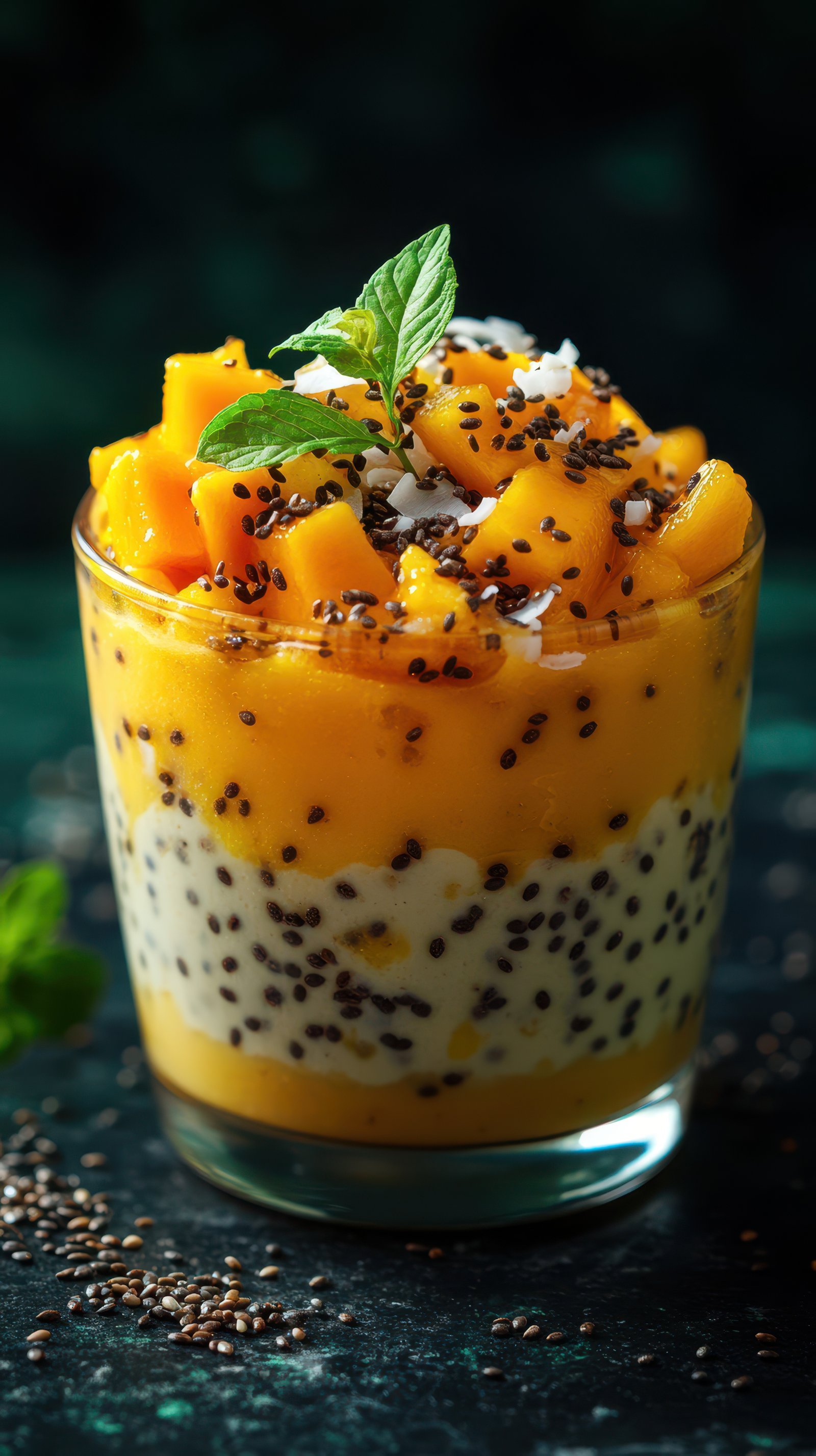 Healthy mango chia pudding dessert with coconut and mint garnish served in a glass bowl